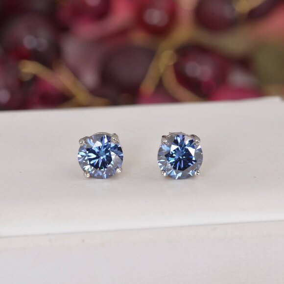 Blue Moissanite Stud Earrings Certified Moissanite 4.0 ctw Royal Blue Stud Earrings 925 Sterling NWT